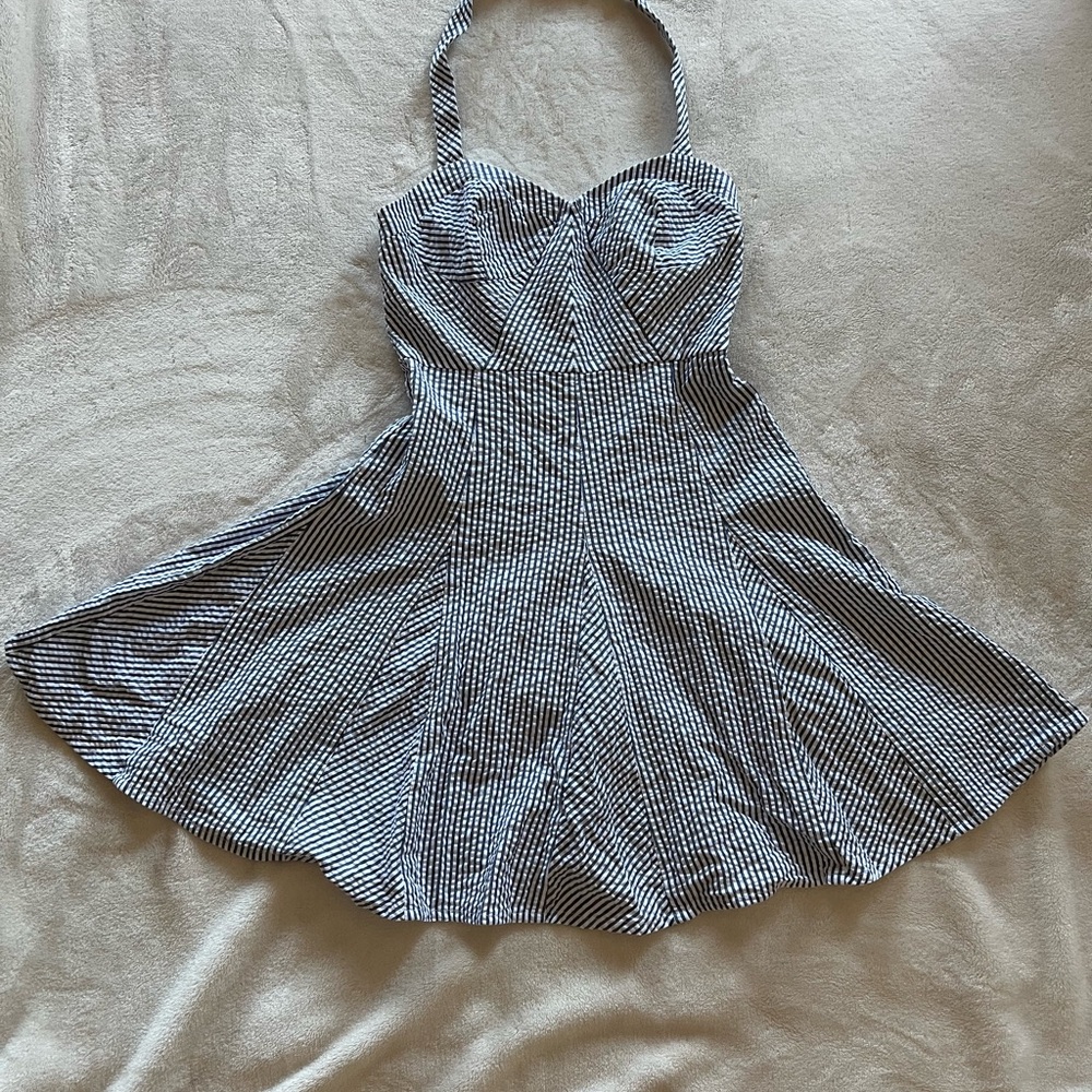 Betsey Johnson Navy Blue and White Seersucker Stripe Dress with Pink Label